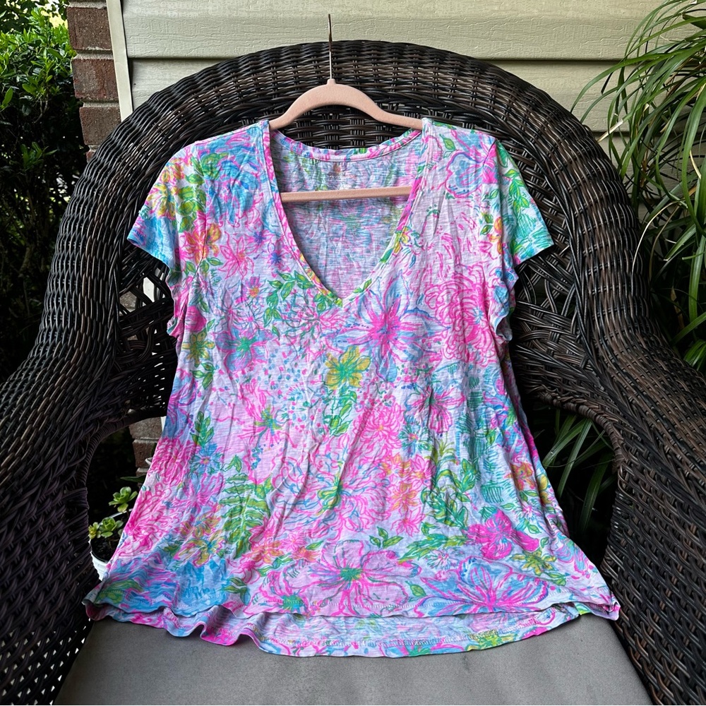 Lilly Pulitzer Etta V-Neck Top in Evelina Paradise Found L